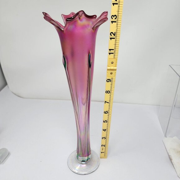 Ron Mynatt 2002 Signed Pink Iridescent Hand Blown Glass 13" Petal Vase - Picture 7 of 7